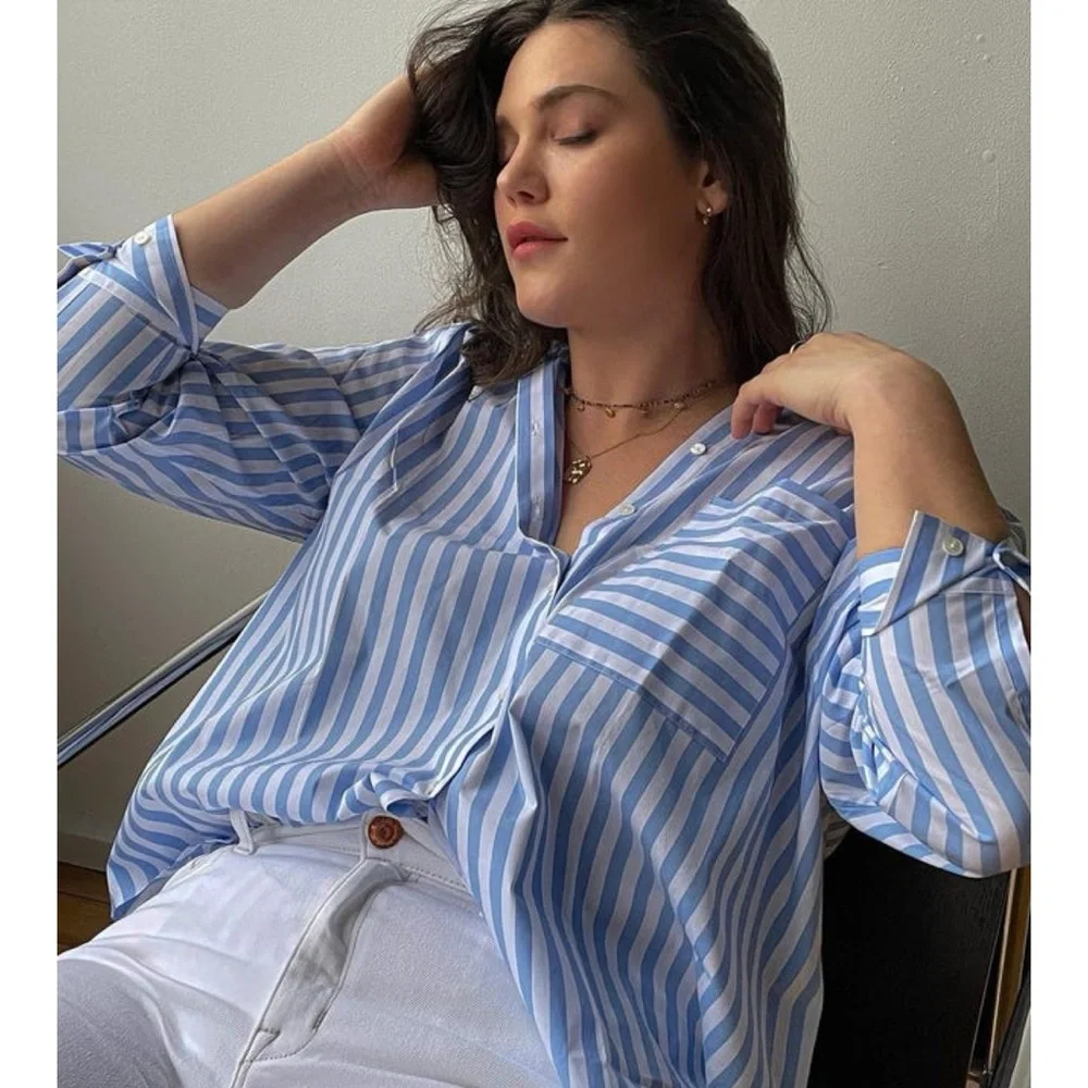 NWOT AYR The Deep End Button Down Shirt Large Blue/White Stripes - Picture 4 of 16